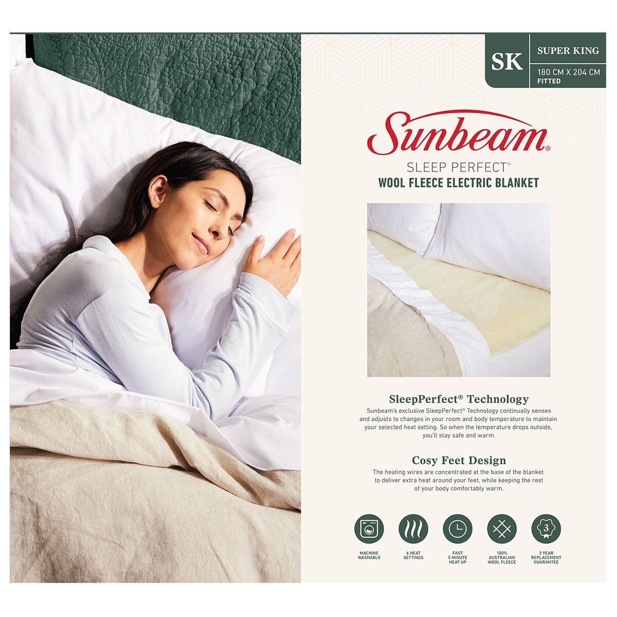 Sunbeam Sleep Perfect Wool Fleece Electric Blanket Super King BLW5681 |  Andoo